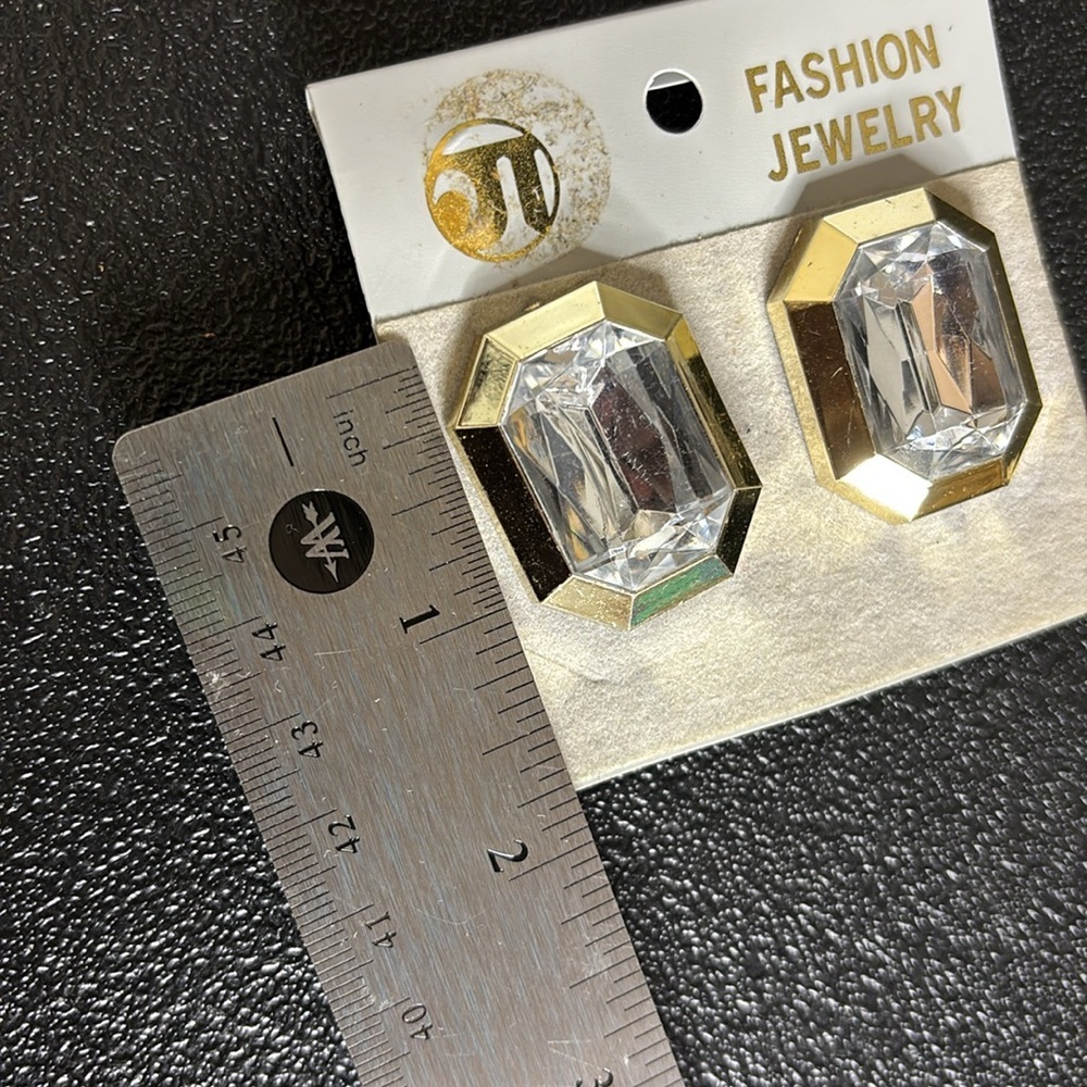 New Old Stock Vintage Gold & Rhinestone Geometric Fashion Jewelry Clip Earrings - Picture 6 of 6